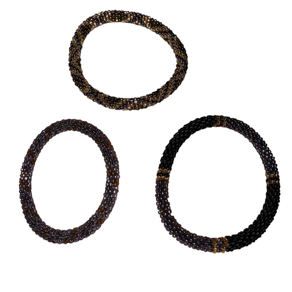 Lot of 3 Sashka Co Hand Crafted Glass Bead Bracelets in Metallic Earth Tones